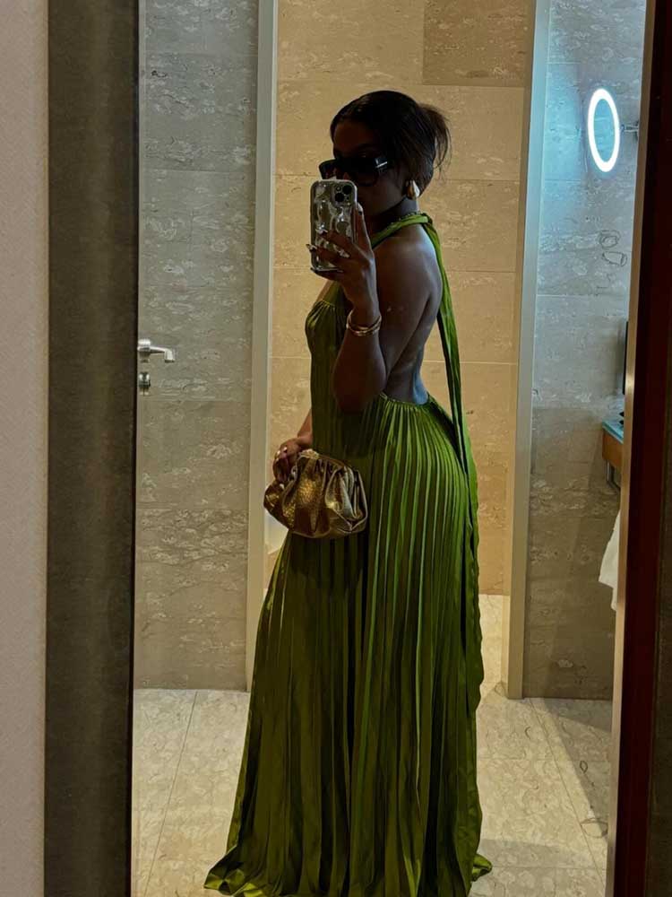 Grüne Abendkleider Frau Elegante Sexy Sommer Plissee Kleid Aushöhlen Dame Halter Neck Backless Kleid Großhandel Dropshipping