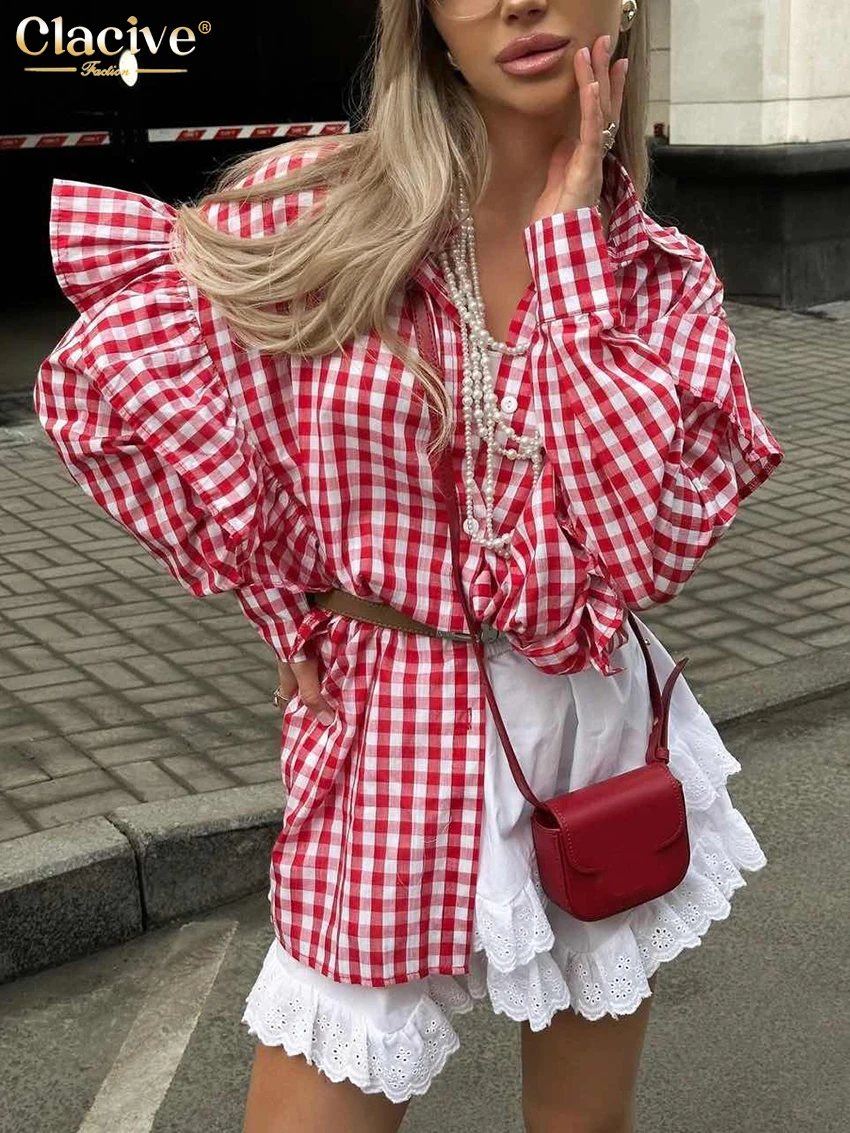 Clacive Mode lose karierte Baumwolle Frauen Bluse 2024 lässig Revers Langarm hemden elegante klassische Rüschen Top weibliche Kleidung
