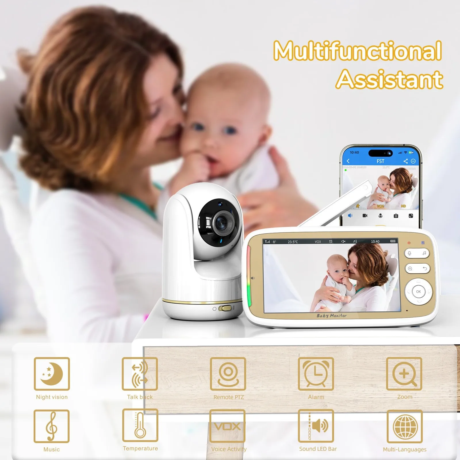 Vigilabebés de 5 pulgadas, cámara PTZ con zoom 3x, control dual APP+monitor, vigilabebés electrónico WIFI, audio bidireccional, visión nocturna, teléfono para bebés