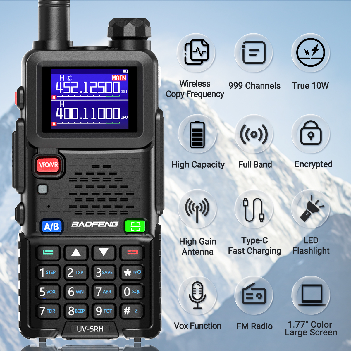 Baofeng UV 5RH 10W bandas completas Walkie Talkie sin cables copia frecuencia tipo C cargador mejorado UV 5R transceptor Ham Radio bidireccional