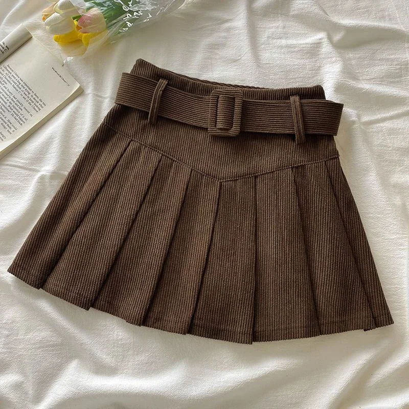 Falda plisada con cinturón de cordón para mujer, minifalda plisada con textura de pana y cinturón, traje escolar de Otoño Invierno para adolescentes y adolescentes