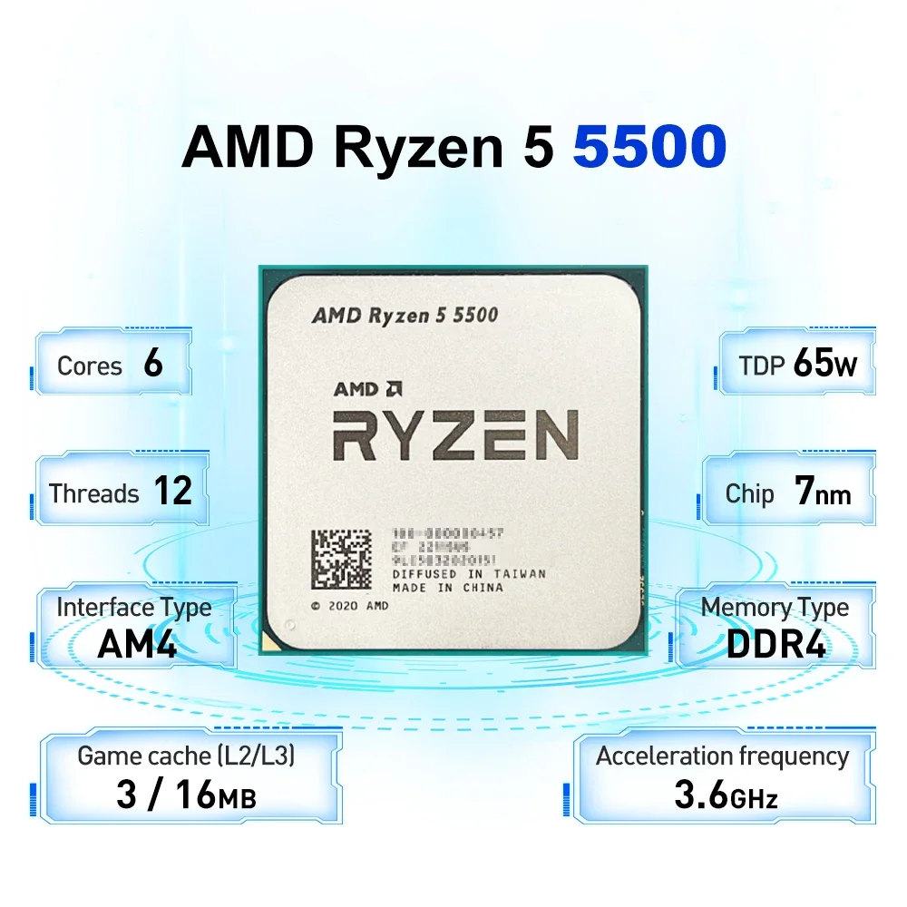 Processador AMD Ryzen 5 5500 R5 5500 3,6 GHz 6 núcleos e 12 threads 7NM L3 = 16M 100- 000000457   Soquete AM4 Sem Ventilador