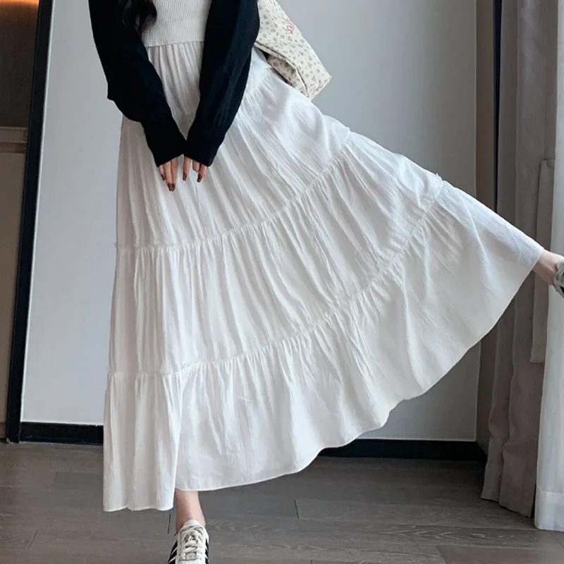 Faldas largas de primavera y verano para mujer, falda acampanada de retales elásticos de cintura alta a la moda, faldas largas informales que combinan con todo con pastel blanco para mujer