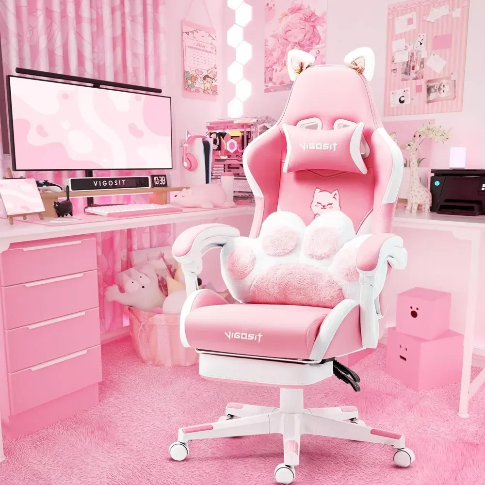 Cute Gaming Chair with Lumbar Cushion, Ergonomic Computer Chair with Footrest, Reclining PC Game Chair for Girl
