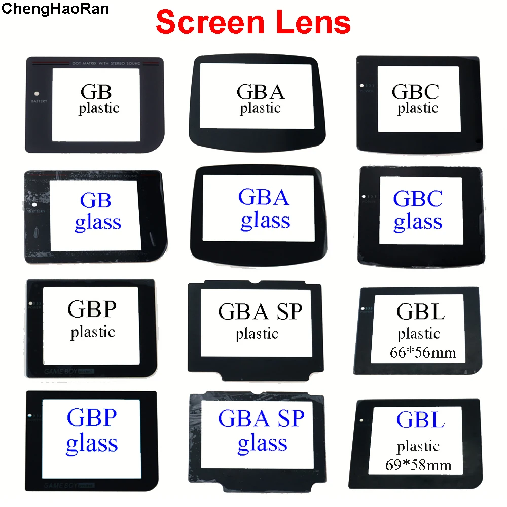 12 models Plastic Glass Screen Lens For Gameboy For GB GBA SP GBC GBL GBP Lens Protector W/ Adhensive replacement repair parts