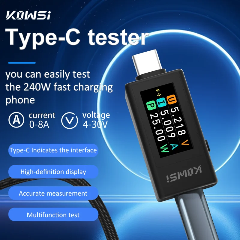 KWS-1902L NUEVA LLEGADA Probador USB tipo C multifunción 4-30 V Máximo 12A Función de almacenamiento de apagado Amperímetro de voltaje Medidor de potencia