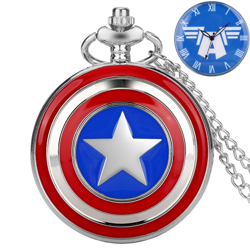 Marvel Captain America Schild Superheld Quarz Taschenuhr Schild Anime Uhr Blaue römische Zahlen Display Film Cosplay Geschenke