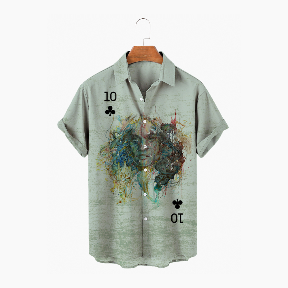 Mode Bermain Kartu Kemeja Pria Musim Panas Kasual Etnis Kemeja Lengan Pendek Kerah Retro Pria Hawaii Kemeja Kasual