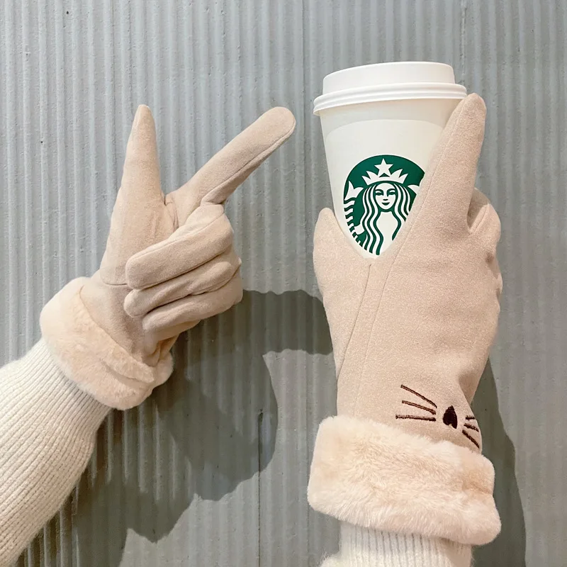 ฤดูหนาวหญิงแคชเมียร์หนังนิ่มหนังขี่จักรยาน Mittens คู่กํามะหยี่หนา Plush นาฬิกาข้อมือผู้หญิงหน้าจอสัมผัสถุงมือขับรถ