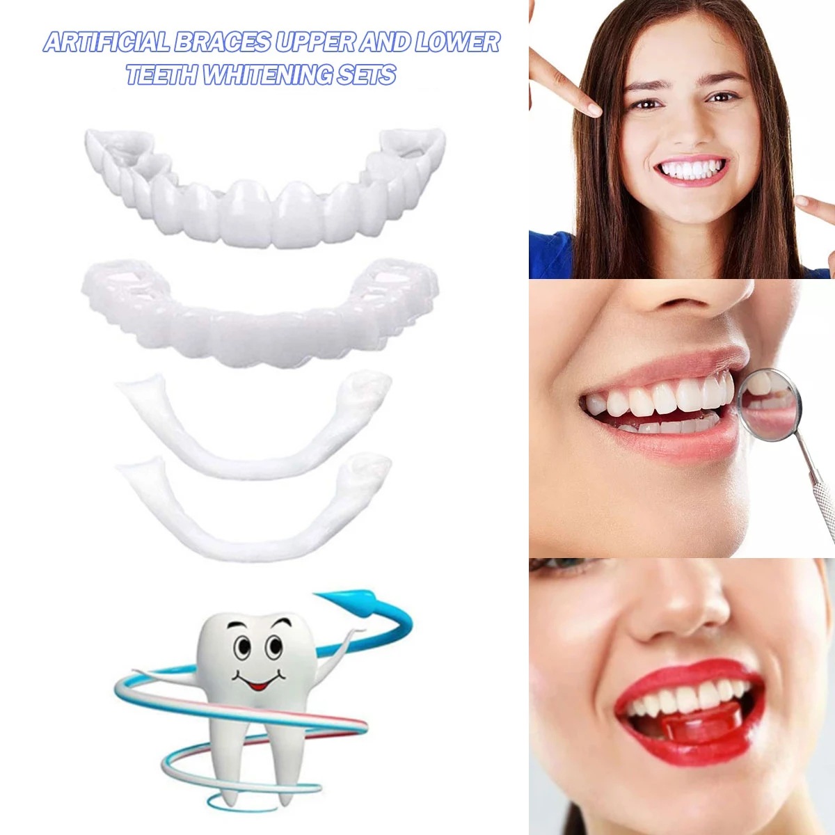 4 piezas de dentaduras postizas blancas: dentaduras superiores e inferiores ajustables para hombres y mujeres, ajuste cómodo y sonrisa natural