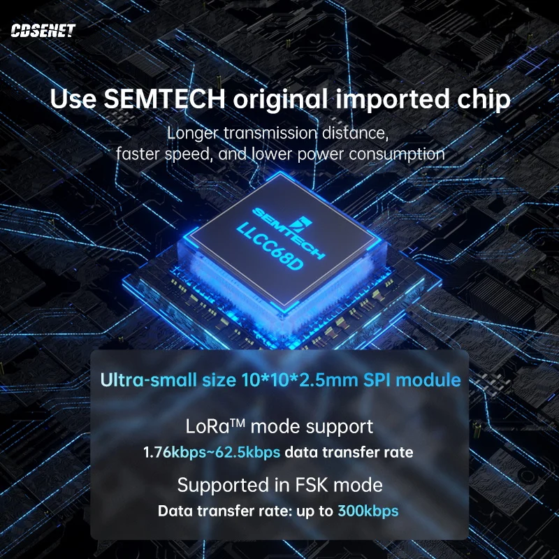 CDSENT LoRa LLCC68 Drahtlose Modul 868MHz/915MHz Low-Power 22dBm 5,5 KM E220-900MM22S Kleiner Größe Antenne Stempel löcher SPI