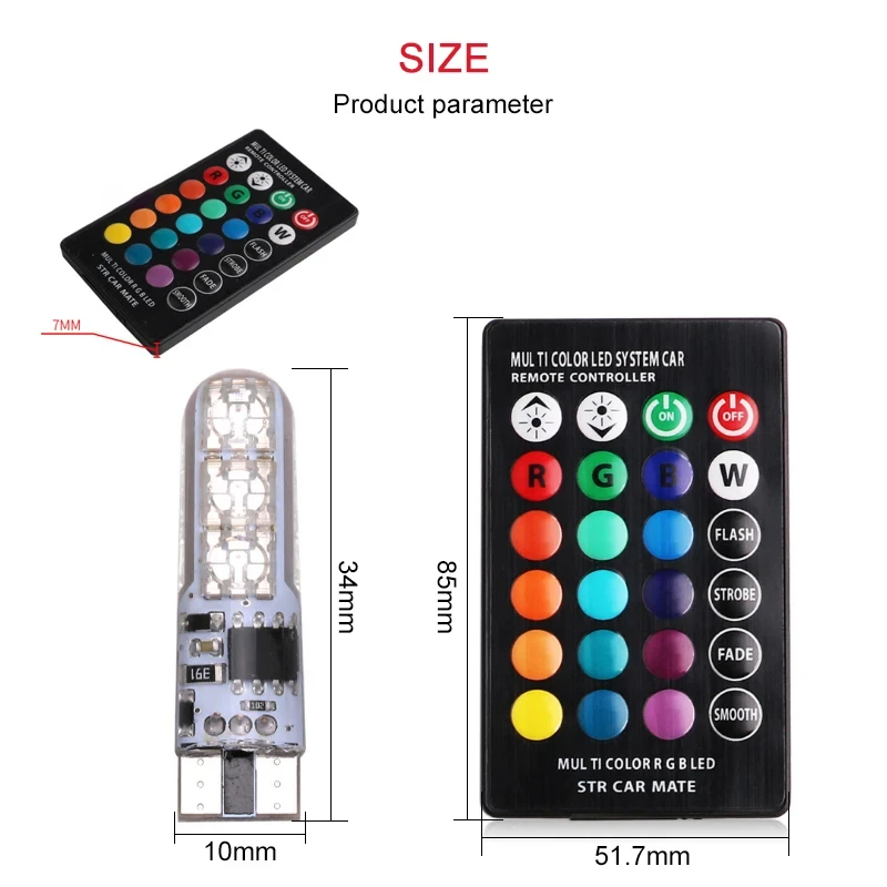 2x T10 impermeabile W5w 501 lampadina laterale per cuneo per auto-6SMD 5050 RGB 7 colori LED telecomando (senza batteria) lampada a cuneo flash stroboscopico