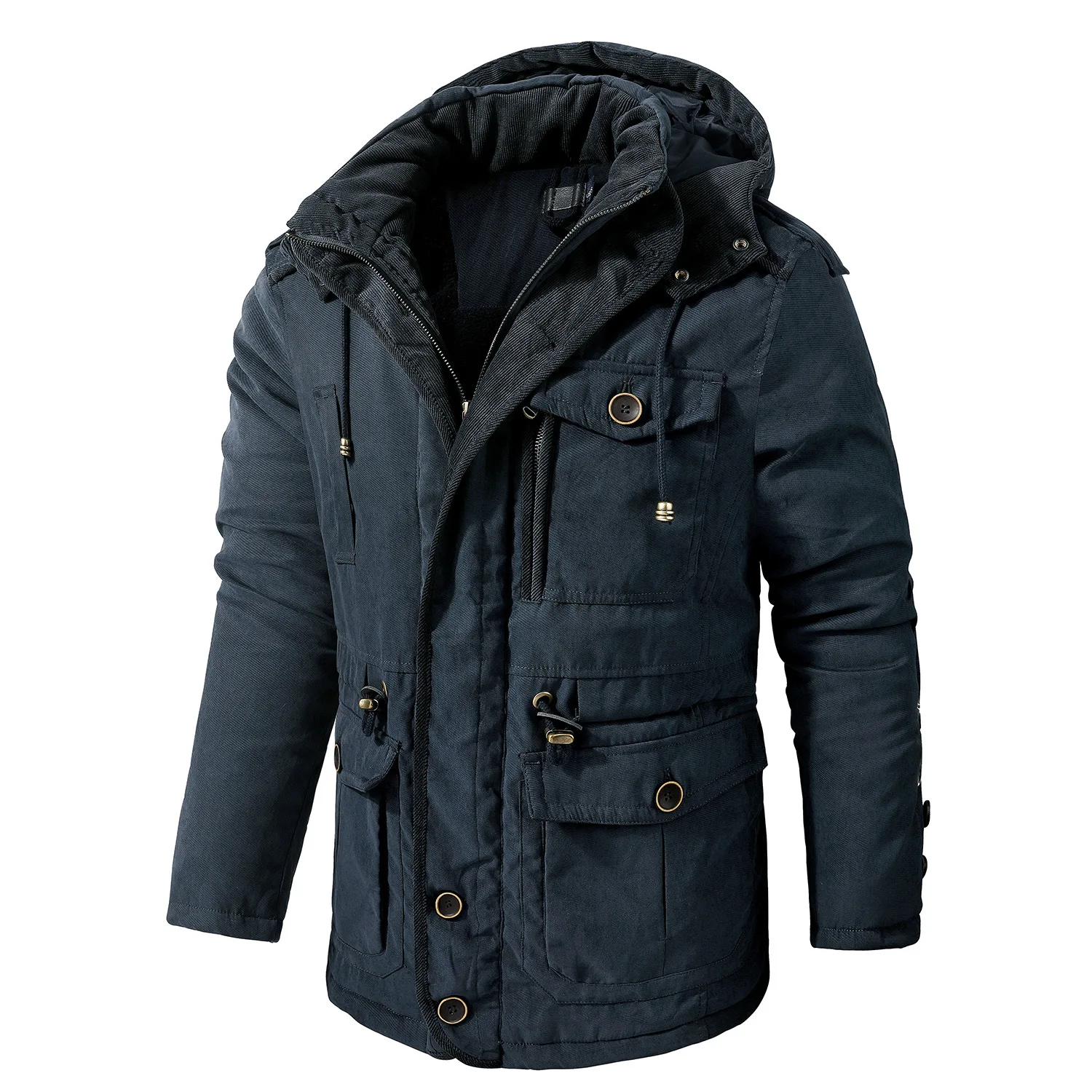 Herrenjacke WINTER USA GRÖSSE Große GRÖSSE Lammfleece-JACKE Kapuze Baumwolle Verdickter lässiger mittellanger Mantel mit mehreren Taschen