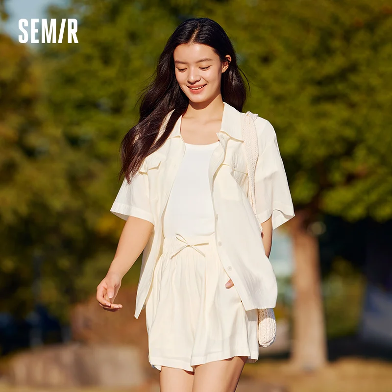 Semir-Set für Damen, mittellanges Oberteil und Shorts, 2024, neue Sommerversion, locker strukturiertes zweiteiliges Set