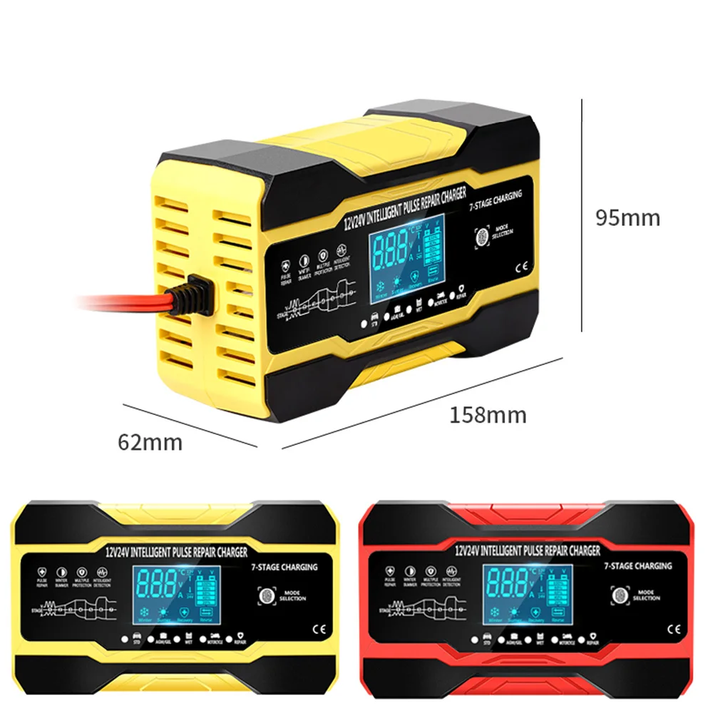 Carregador de bateria de carro completo para motocicleta 12v 24v, reparo de pulso, display lcd, carga rápida inteligente, agm, ciclo profundo, gel, carregador de chumbo-ácido