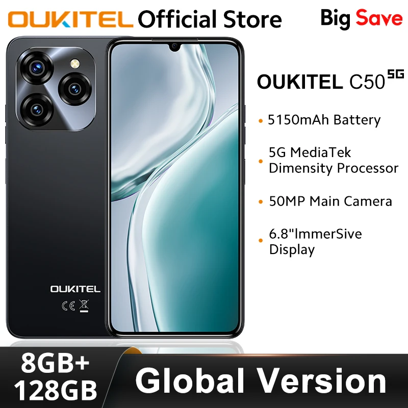 [Estreno mundial] Oukitel C50 5G Smartphone 6,8 “HD+pantalla de gota de agua 5150mAh 24GB+128GB Teléfono móvil 50 MP Teléfono celular