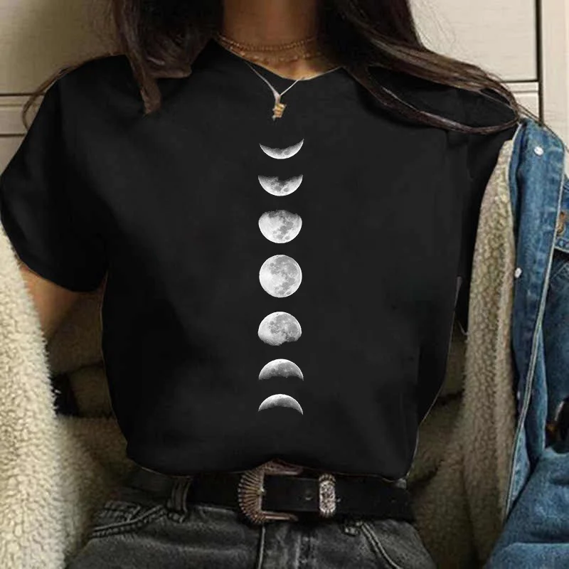 เสื้อยืดพิมพ์ลายดวงจันทร์สไตล์ฮาราจูกุสำหรับเด็กผู้หญิงเสื้อสีดำแฟชั่นใหม่เสื้อยืดลำลองสำหรับผู้หญิงเสื้อผ้า Y2k น่ารัก