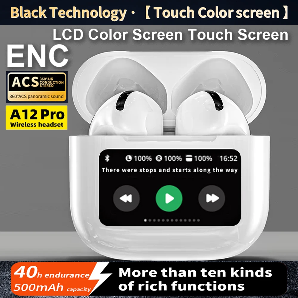 Auriculares A12 Pro ENC con cancelación de ruido, inalámbricos TWS con Control táctil, ecualizador de pantalla LCD, sonido Premium Supergraves
