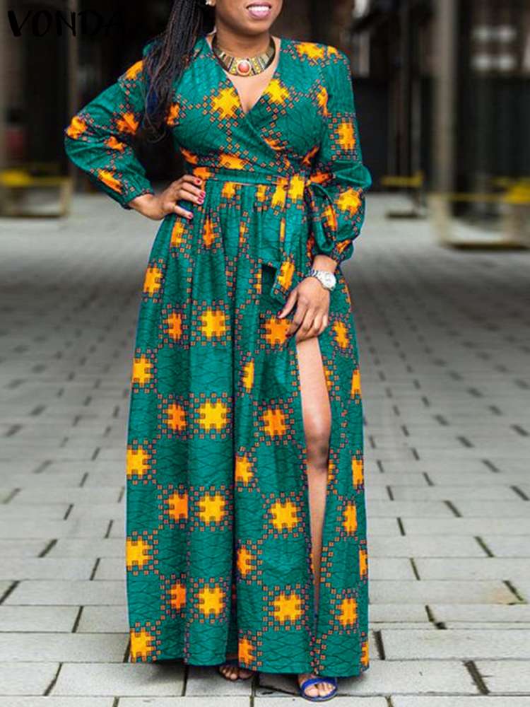 プラスサイズ VONDA 女性長袖プリントマキシドレス秋 2024 V ネックエレガントなパーティーサンドレスボヘミアンスリットカジュアルローブベルト付き