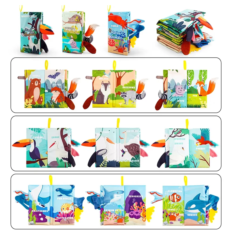 3-in-1 Crinkle Sound 감각 천 책 세트 - 0-12M 아기를 위한 BPA 프리 동물/해양/새 대화형 장난감 |   세탁 가능한 몬테서