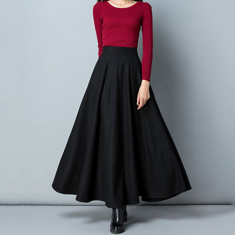 Lucyever Neue Winter frauen Lange Woolen Rock Elegante Hohe Taille Wolle EINE Linie Röcke Weibliche Casual Dicke Warme Tasche Maxi röcke