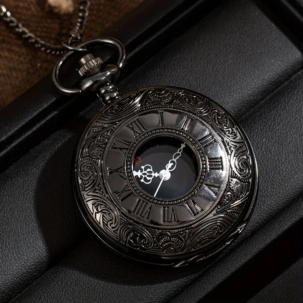 Orologio da tasca con display in scala romana in bronzo nero, Relogio al quarzo, squisito orologio da tasca vintage con orologio da regalo a catena con collana
