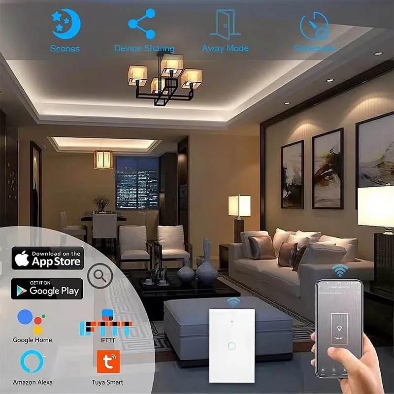 Tuya app eua wifi interruptor de parede inteligente 1/2/3 gang sem fio neutro sensor toque led interruptores luz casa inteligente alexa google casa