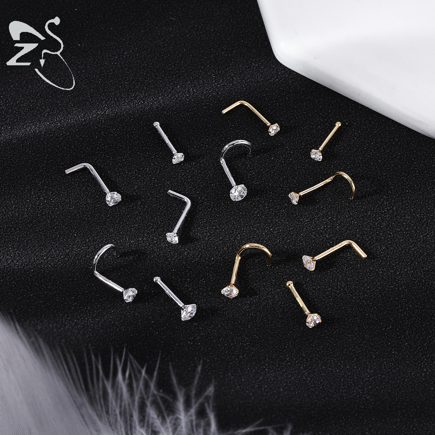ZS 1PC 18/20G 925 เงินสเตอร์ลิงสตั๊ดจมูกทองสีคริสตัลเจาะจมูกสกรู L-Shape Retainer เจาะจมูก 2-3.5 มม.