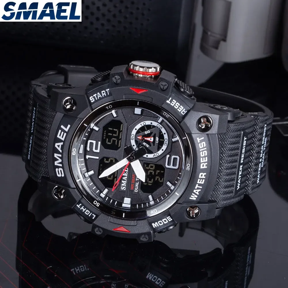 SMAEL 8007 Reloj electrónico brillante resistente al agua con pantalla dual para exteriores para hombre Reloj transparente para exteriores