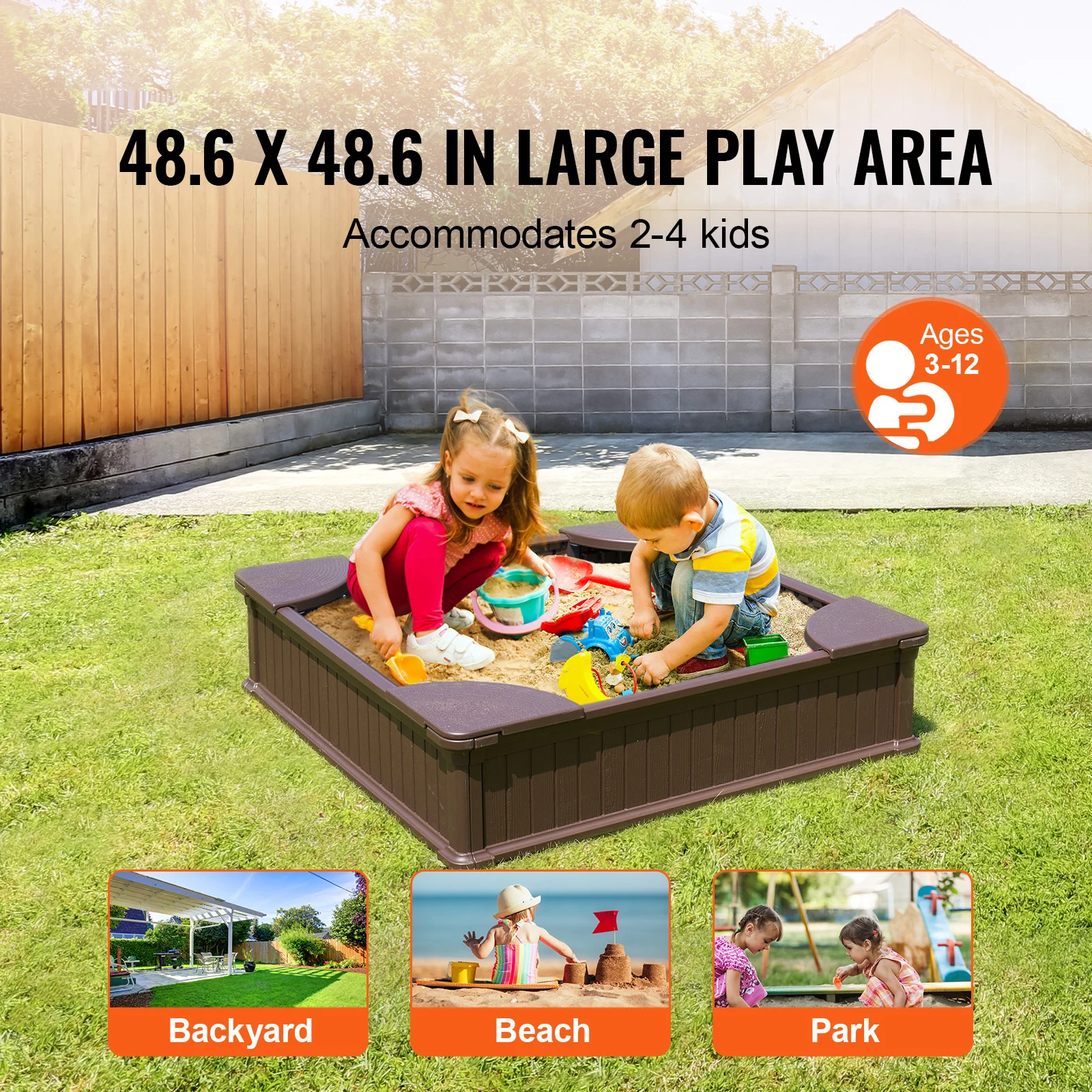 SucceBuy Sandbox con coperchio nella scatola di sabbia quadrata con 4 sedute angolari e rivestimento inferiore Sandbox per bambini per esterni per bambini