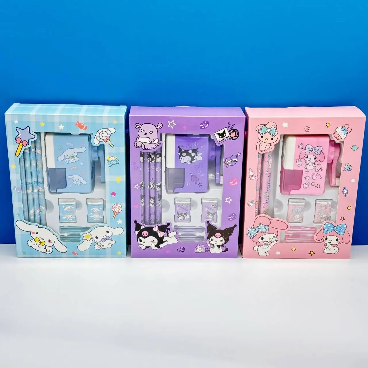 Kuromi Cinnamoroll Set di cancelleria Confezione regalo Cancelleria per apprendimento creativo Scuotere le mani Temperamatite Set di gomme Confezione regalo di compleanno