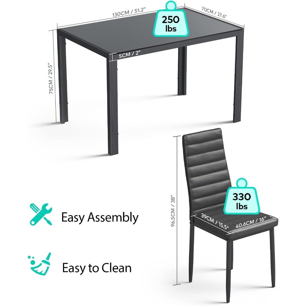 6 Person Glass Dining Table Set, 7 Piece 6 Person Kitchen Table and Chairs, PU Leather Modern Dining Room Set