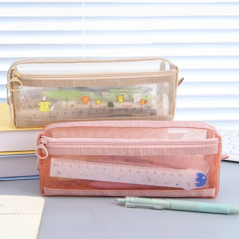 Estuche de lápices de malla de nailon sencillo para niños, organizador de papelería de Color sólido a la moda, bolsa portátil para bolígrafos con cremallera, suministros para estudiantes