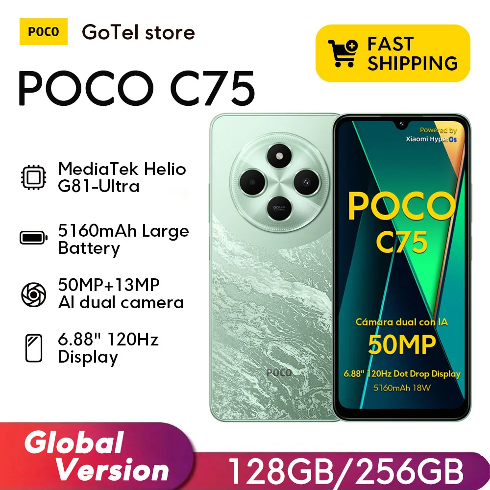 Anteprima mondiale Versione globale POCO C75 Display da 6,88'' 120Hz Helio G81-Ultra Fotocamera da 50 MP Massiva Batteria da 5160 mAh Supporto NFC