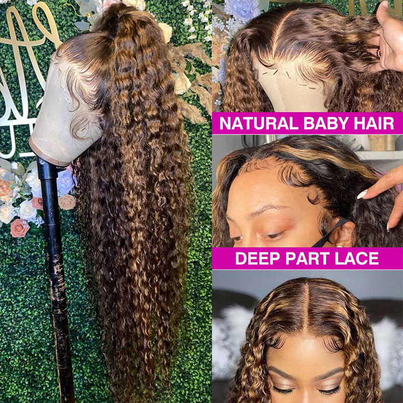 Highlightน้ําผึ้งสีบลอนด์Water Waveลูกไม้ด้านหน้าด้านหน้ามนุษย์Wigs 13X4 โปร่งใสลูกไม้ด้านหน้าวิกผมDeep Curly Ombre 4/27 วิกผมลูกไม้