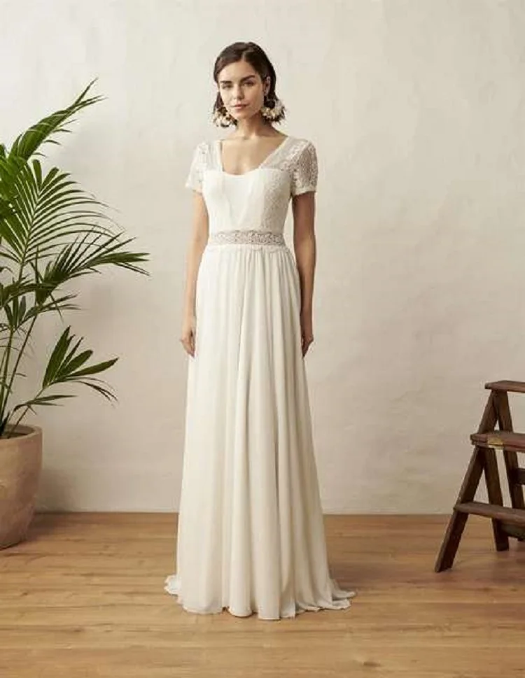 LSYX Abito da sposa Boho in chiffon con scollo a V personalizzato per le donne Maniche corte Lunghezza pavimento Abito da sposa senza schienale Robe De Marie