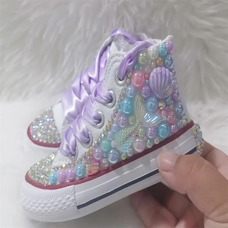Doll bling Shell Simulation DIY Bling handgemachte Schuhe Leinwand Meerjungfrau Thema Kinder High Top Perlen Turnschuhe unter dem Meer Schuhe