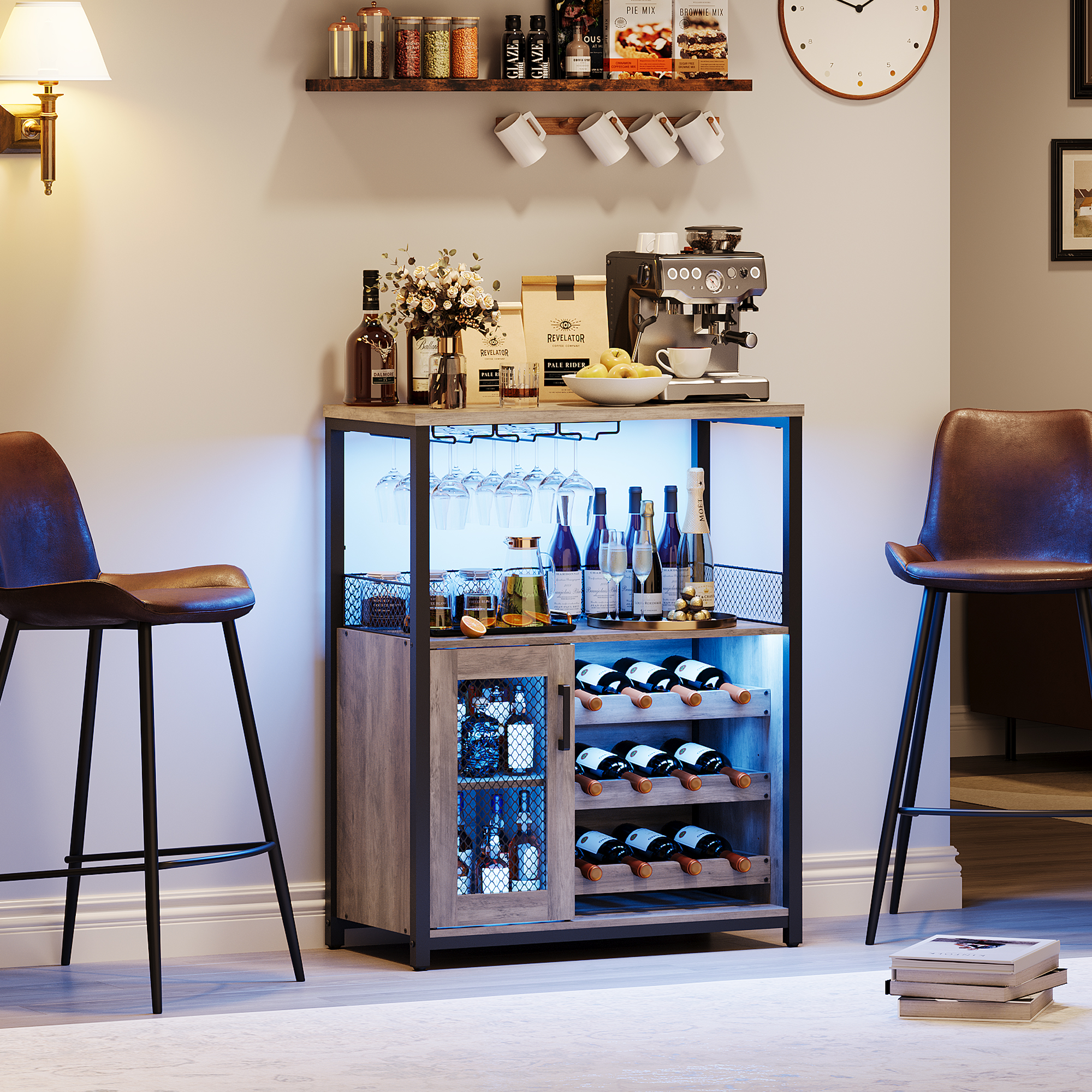 Wine Bar Cabinet with LED Lights Removable Wine Storage Cabinet with Extra Storage Industrial Sideboard and Buffet