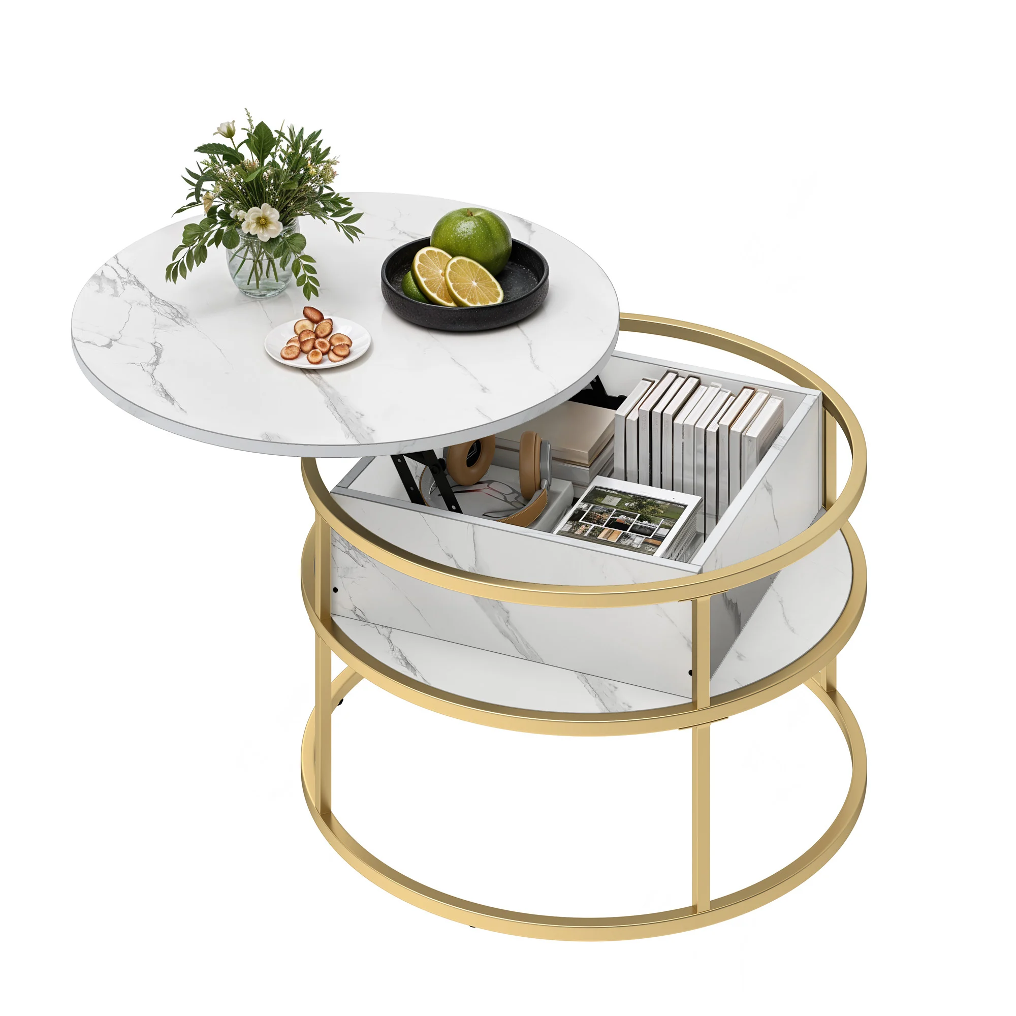 YITAHOME Weißer und goldener runder Couchtisch mit Hubplatte – moderner Tisch mit verstecktem Stauraum für das Heimbüro
