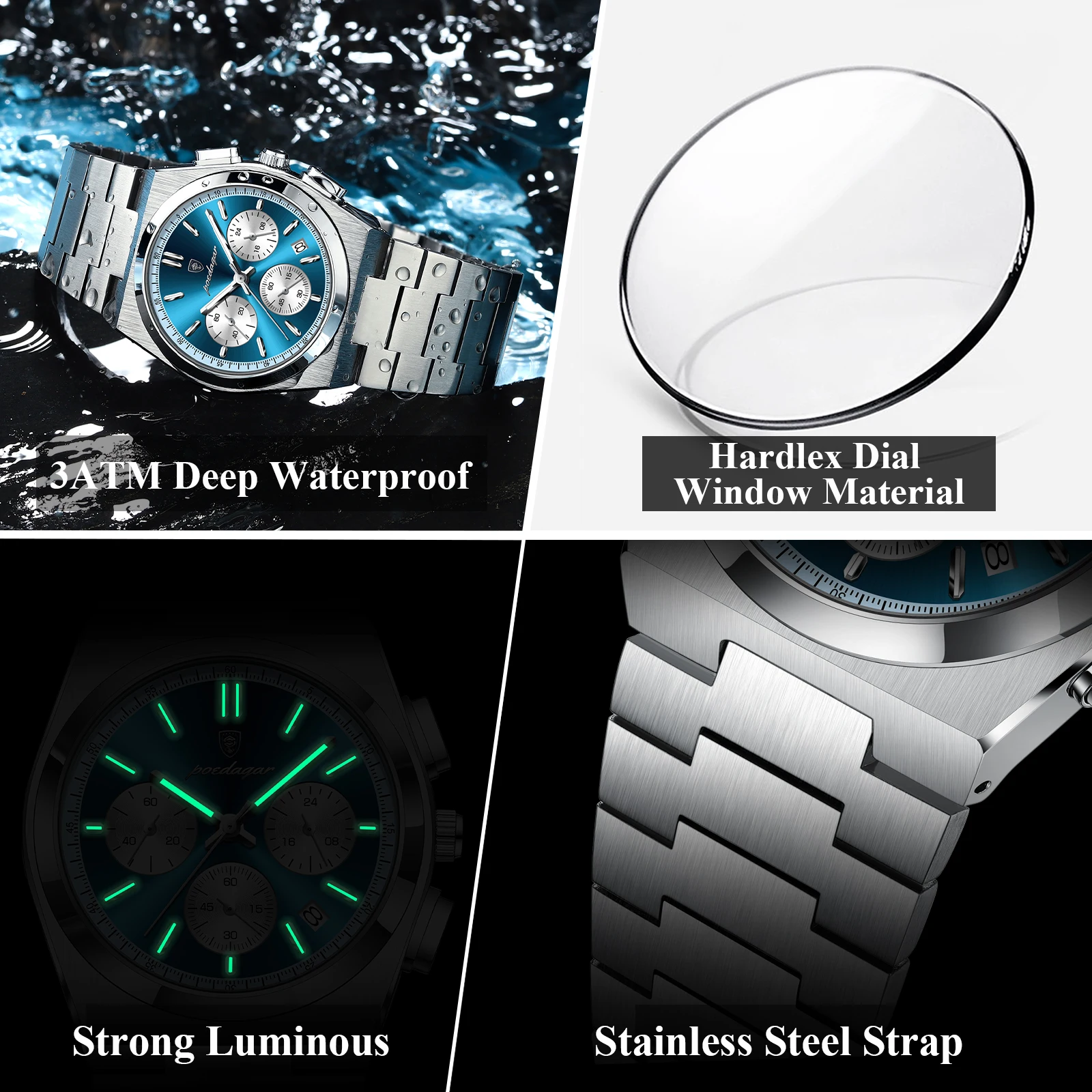 POEDAGAR, reloj de cuarzo de lujo para hombre, reloj deportivo militar para hombre, cronógrafo luminoso resistente al agua con fecha, relojes de acero inoxidable para hombre