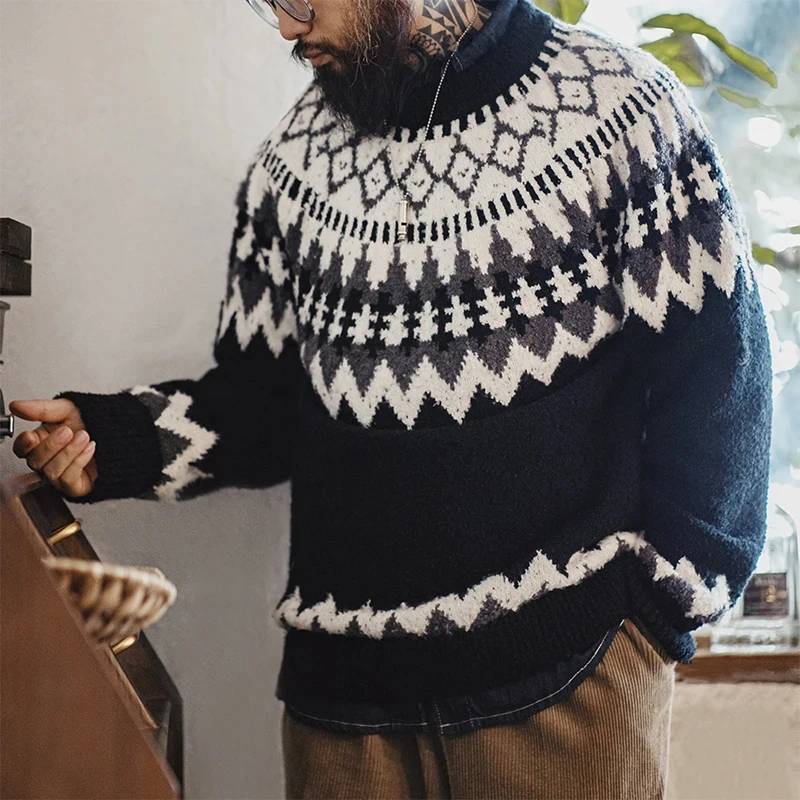 Maden Vintage Heavyweight Fair Isle Isländischer Pullover, Rundhalsausschnitt, Jacquard-Unterseite, Strickwaren, verdickte warme Pullover für Weihnachten