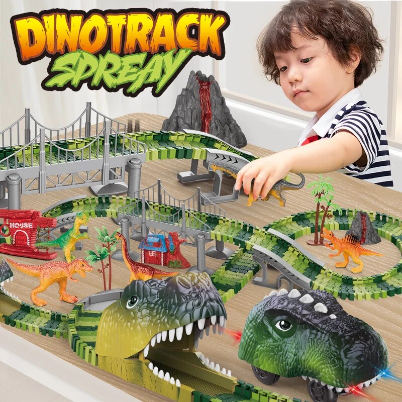 Trilha elétrica do dinossauro para crianças, carro do dinossauro, estrada da montanha, quebra-cabeça do trilho, brinquedo brincalhão, emit light, meninos, Natal, presente de aniversário