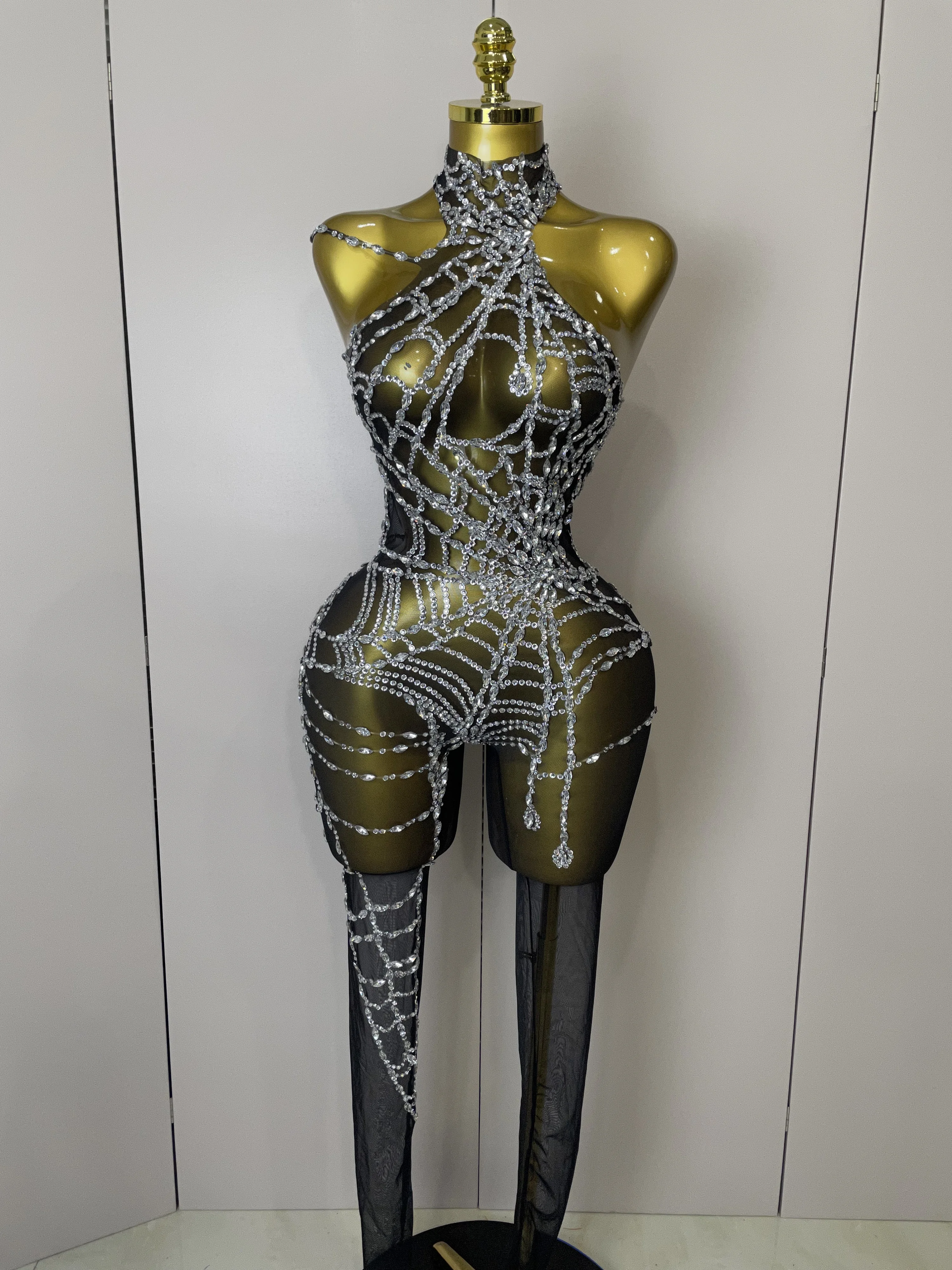 LAGER 2025 Frauen Sparkly Diamant Sexy Mesh Overall Nachtclub Bar Party Zeigen Gogo Tänzerin Kleidung Drag Queen Outfit Bühne Kostüm