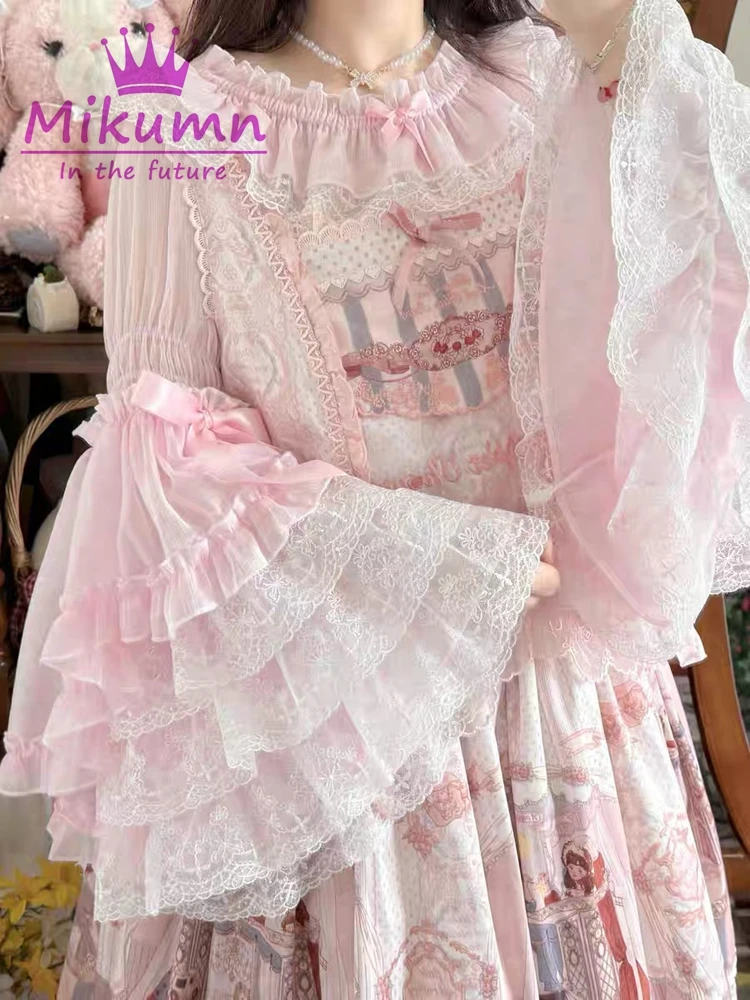 Mikumy เสื้อเบลาส์ฮาราจูกุสำหรับผู้หญิง, เสื้อเบลาส์แขนบานมีระบายมีโบว์ลูกไม้น่ารักสไตล์ญี่ปุ่นสำหรับ Y2k