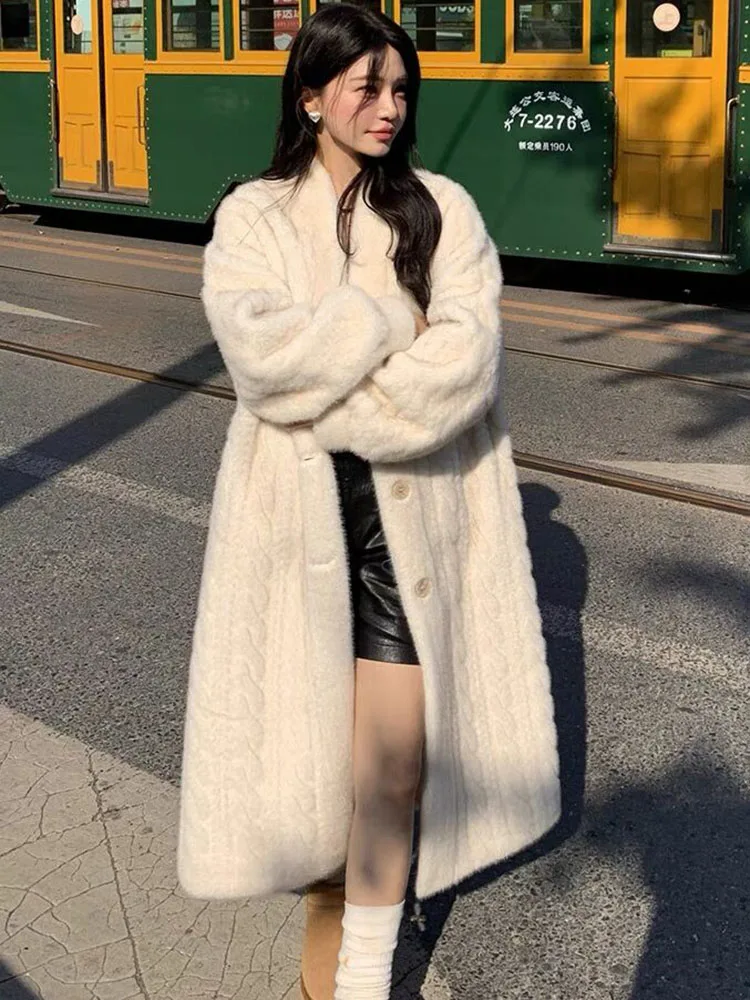 เกาหลีElegant Faux Mink Furเสื้อโค้ทยาวฤดูหนาวWarm Thickenผ้าฝ้ายเบาะเรียงรายแจ็คเก็ตผู้หญิงเดี่ยวหลวมAbrigos Tops