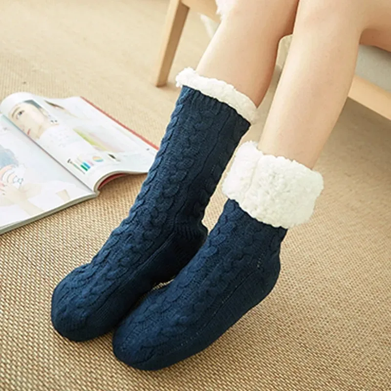 Women's Warm Solid Color Floor Socks Non Slip Plush Knitted Coral Fleece Socks No Show Socks