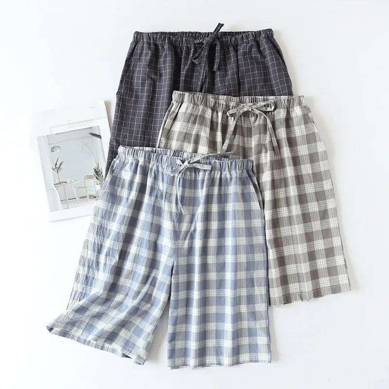 Design xadrez pijamas masculinos shorts para o verão algodão fino solto dupla camada homewear lounge wear xadrez pj calças