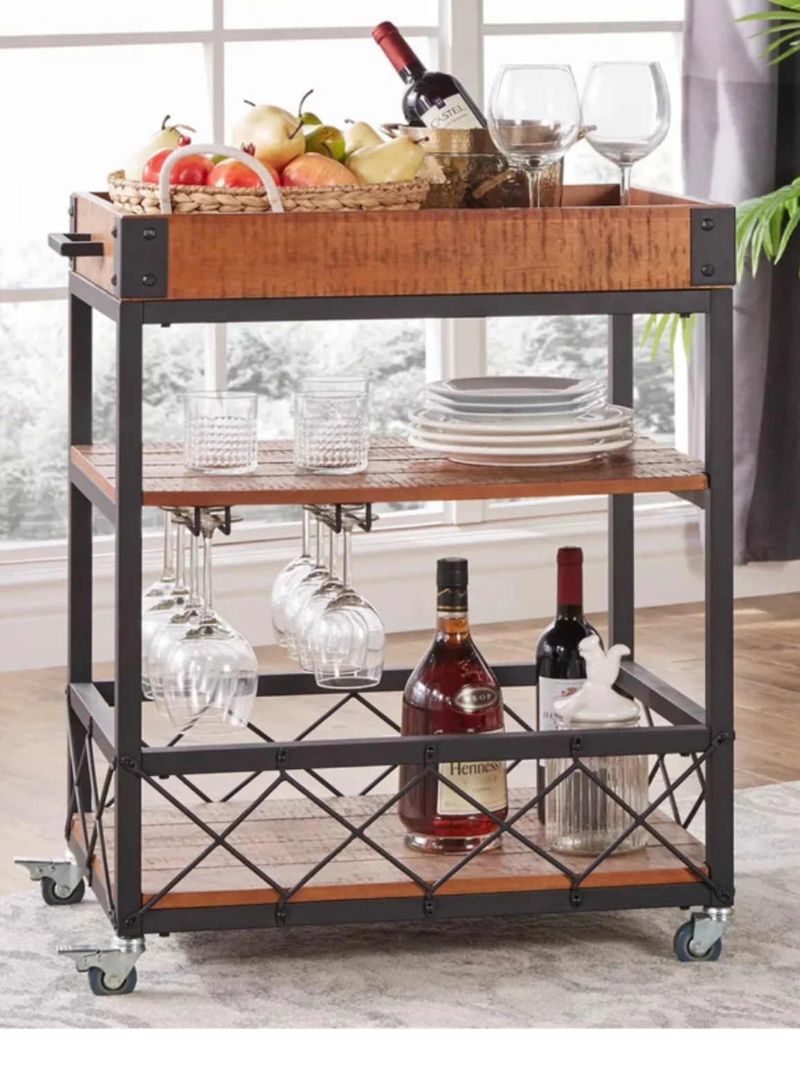 American solid wood dining car home kitchen retro mobile trolley wine cart hotel restaurant food delivery cart customization