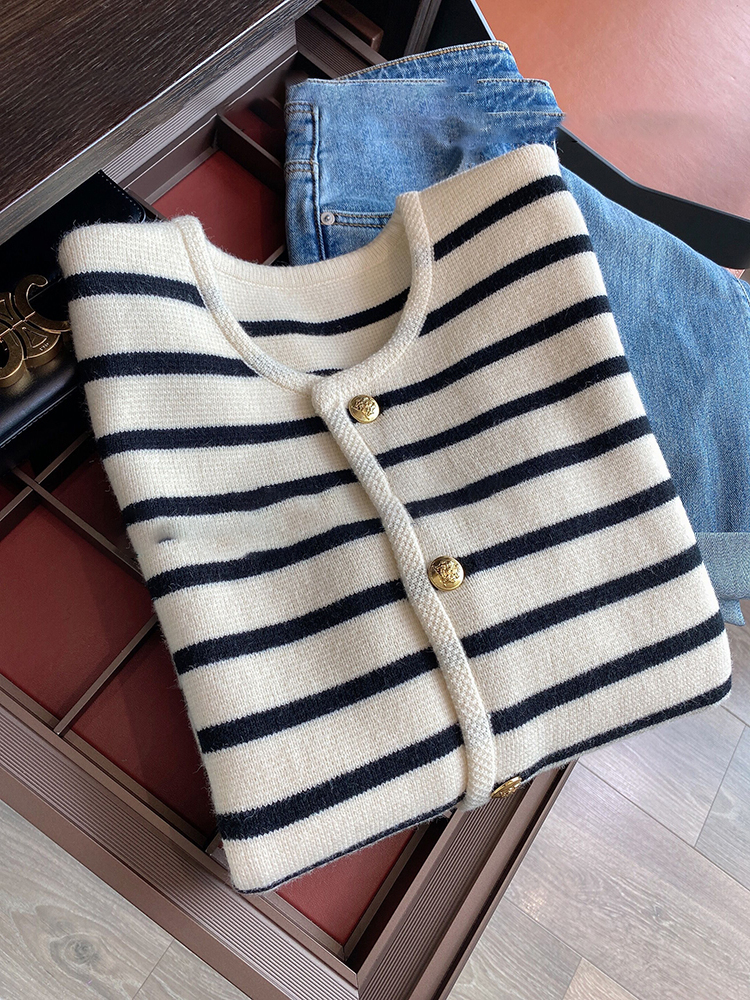 Phụ Nữ Mùa Xuân, Mùa Thu Áo Len Cổ Tròn Sọc Dệt Kim Cardigan Thời Trang Dài Tay Ngắn Cao Cấp Phong Cách Hàn Quốc Mới