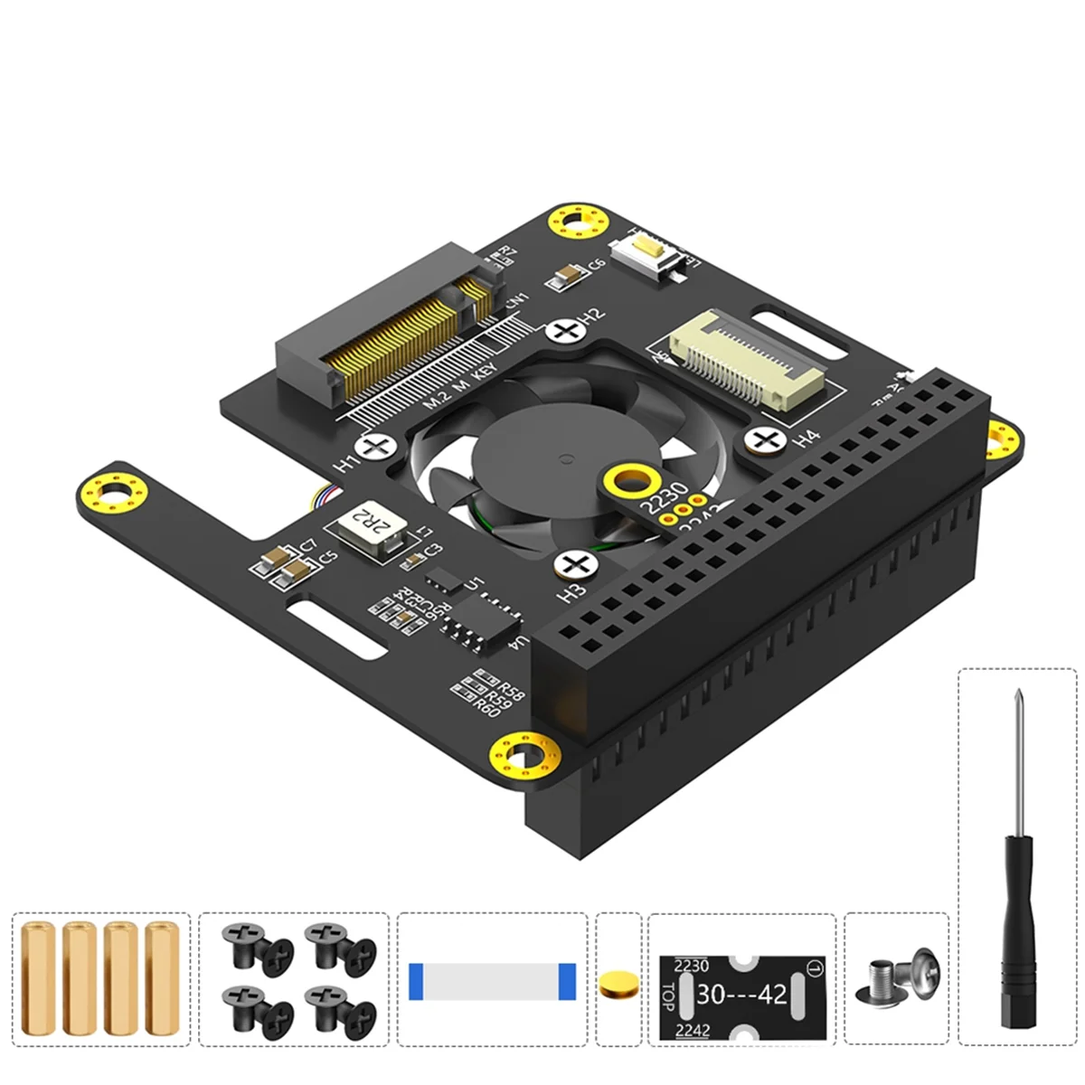 XFDE For Raspberry Pi 5 M.2 NVME to PCIe Adapter Supports M2 2230 2242 M Key NVME SSD with Cooler Automatic Discoloration LED